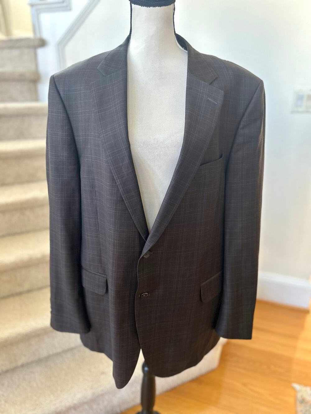 Peter Millar Dark Chocolate Brown & Grey Plaid Two Button Wool Blazer 48 TALL
